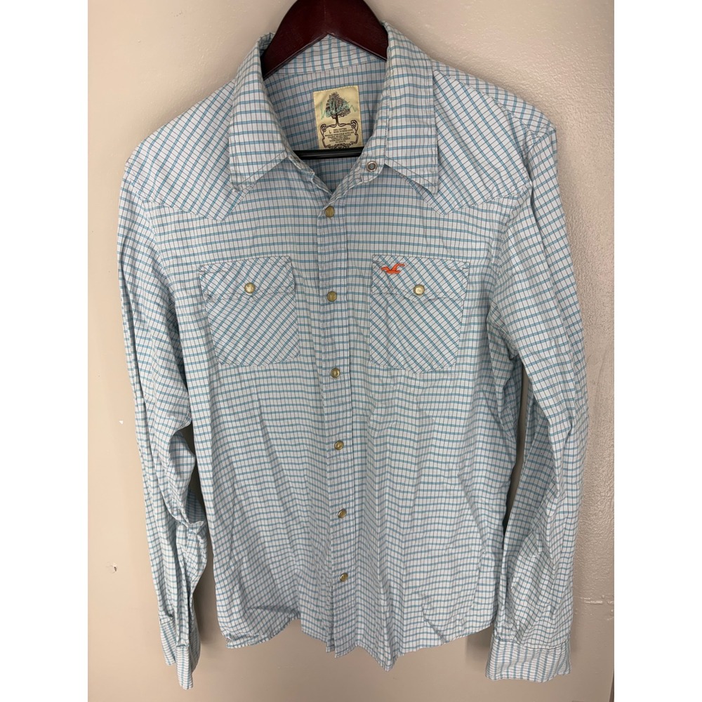 Hollister Mens Large Blue Plaid Long Sleeve Western Pearl Snap Shirt Cotton